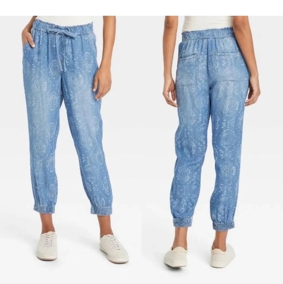 🍂 🍁 Knox Rose Jogger type Pants Blue Chambray Shibori Bohemian Print Small - Picture 2 of 6